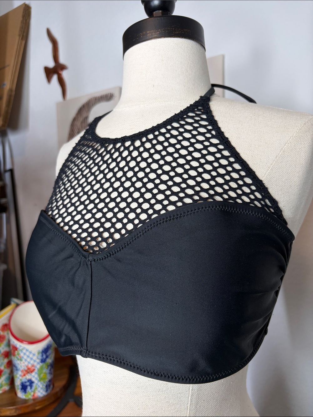 Volcom Black mesh high neck bikini halter top size XL